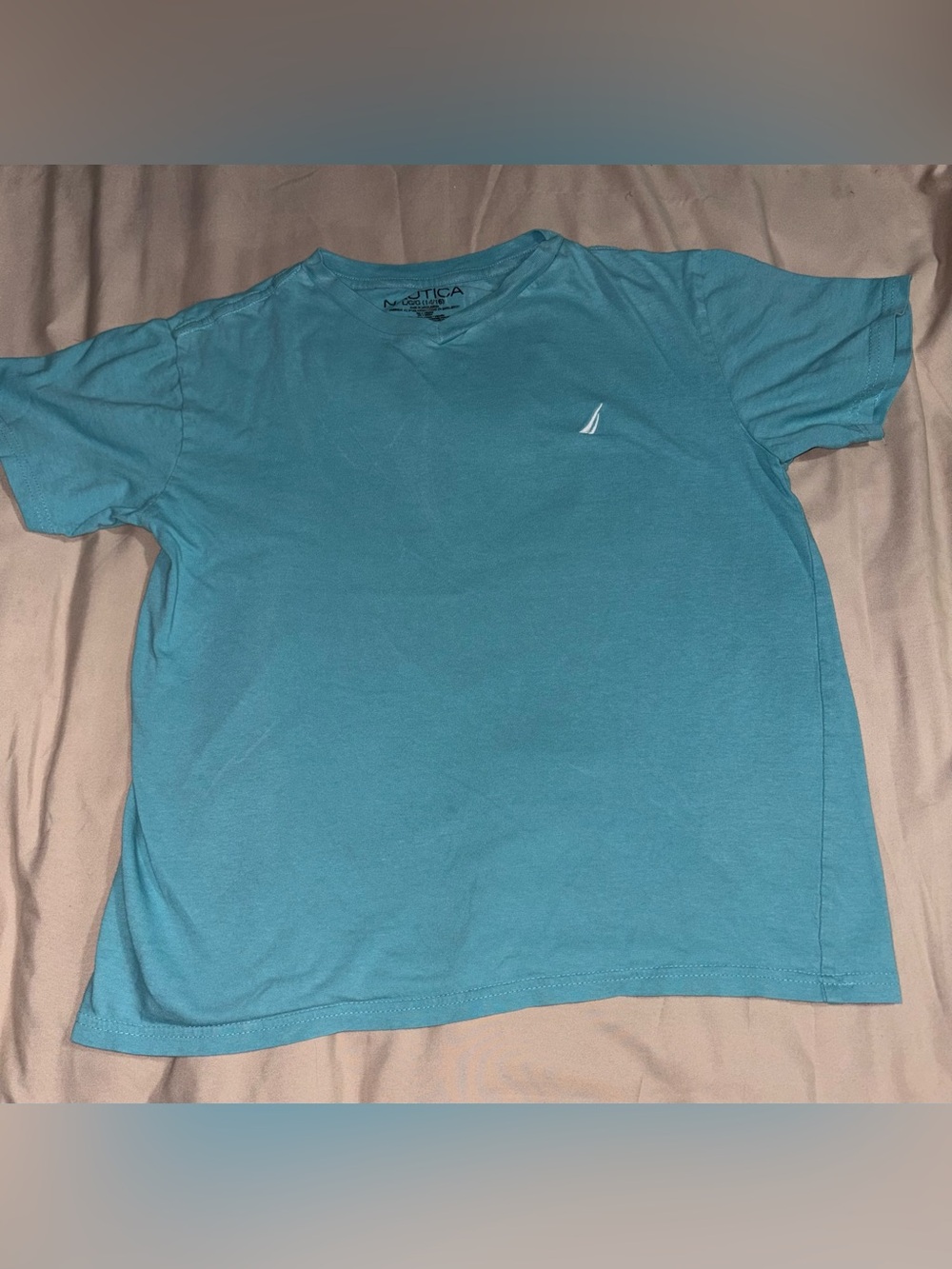Nautica Boys Aqua V-Neck T-Shirt Logo Tee Size L (14/16)